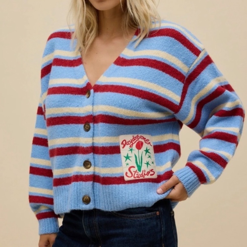 Daydreamer Studios Women Blue Striped Tulip Patch Cardigan Sweater Large NWT